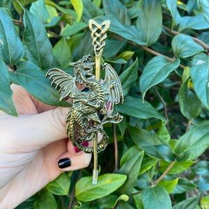 Vintage Inspired Nordic Viking Dragon Hair Accessory Antique Gold tone New